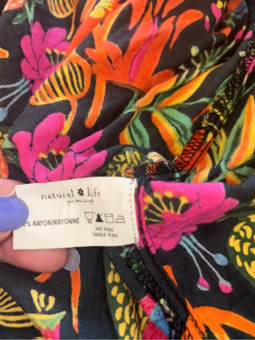 Natural Life Patti Mini Dress M Black Colorful Floral Babydoll Boho Rayon - Picture 6 of 6
